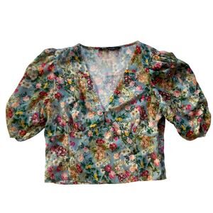 Zara Cropped Puff Sleeve Floral Blouse Size L Spring Coquette
